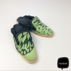 Free people butterfly print faux fur mules